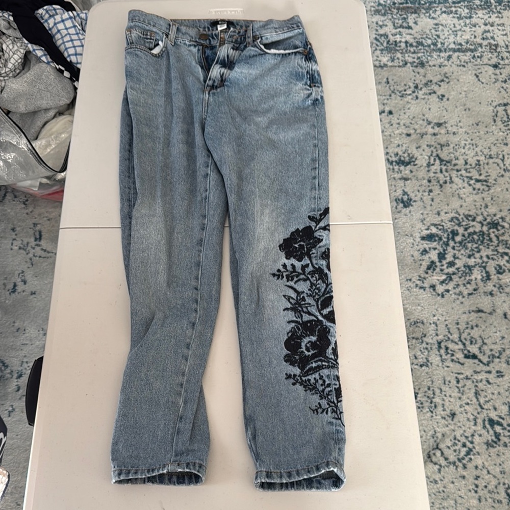 BDG Blue Jeans with Black Floral Embroidery Super Nice
